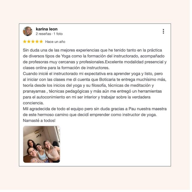 Reseña de Google de alumna de Boticaria Yoga