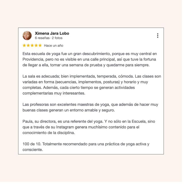 Reseña de Google de alumna de Boticaria Yoga