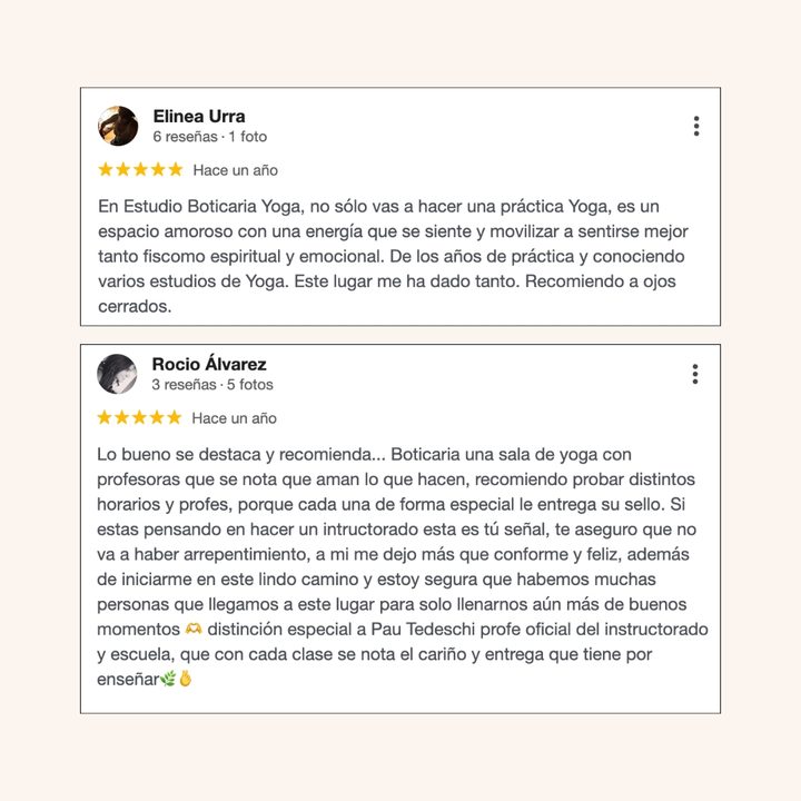 Reseña de Google de alumna de Boticaria Yoga